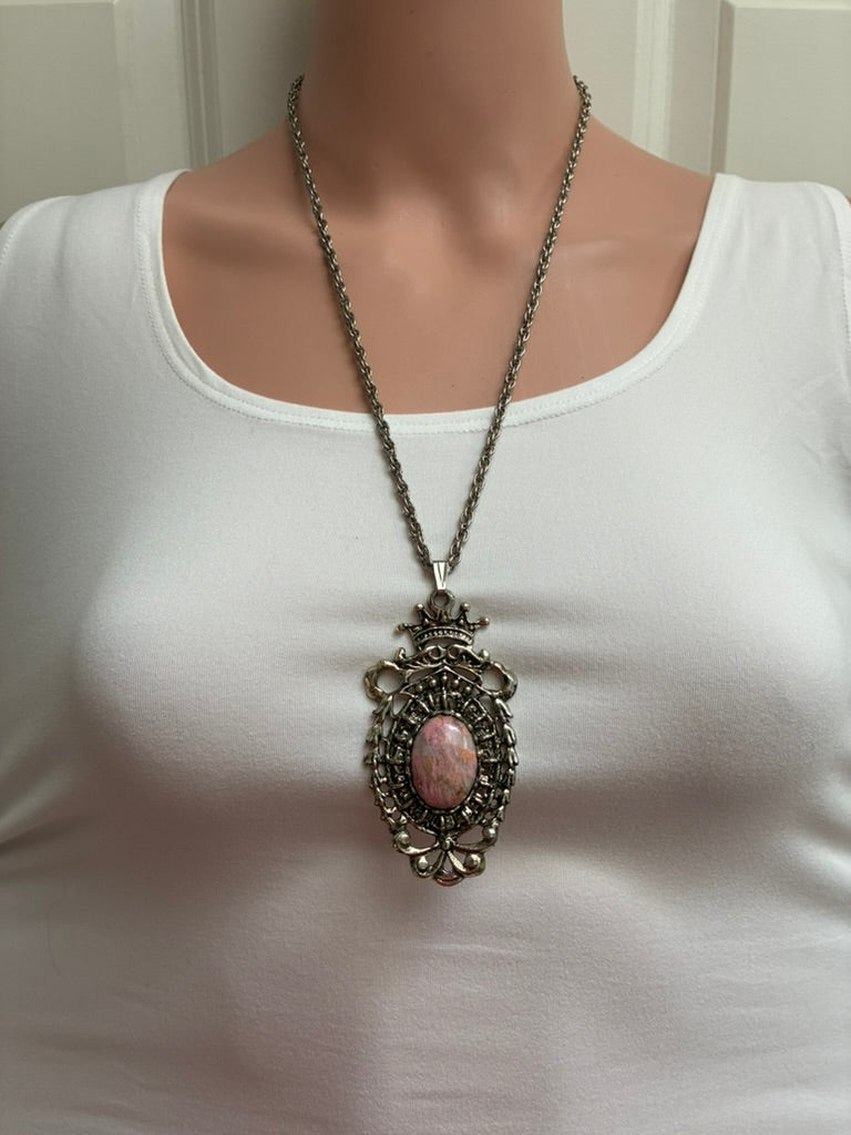Vintage Crown Medallion Pendant Necklace — Pink Cabochon Stone