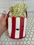Novelty Popcorn Bucket Bag | Red & White Striped Faux Leather | Smiley Face | Popcorn Print Interior