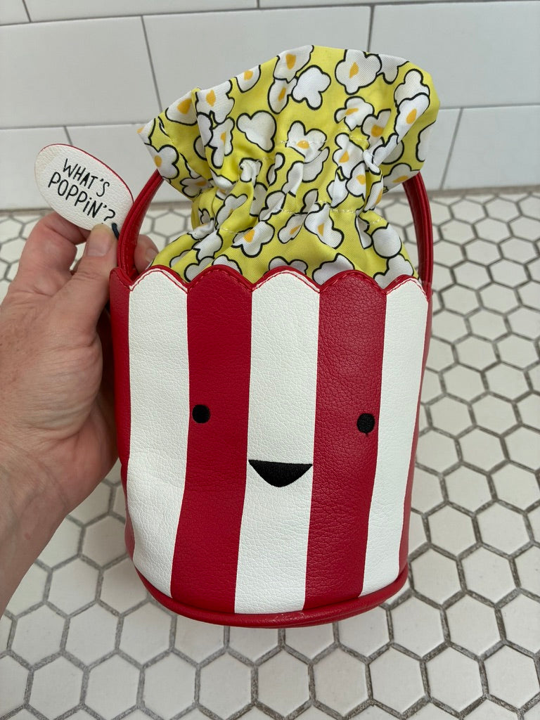 Novelty Popcorn Bucket Bag | Red & White Striped Faux Leather | Smiley Face | Popcorn Print Interior