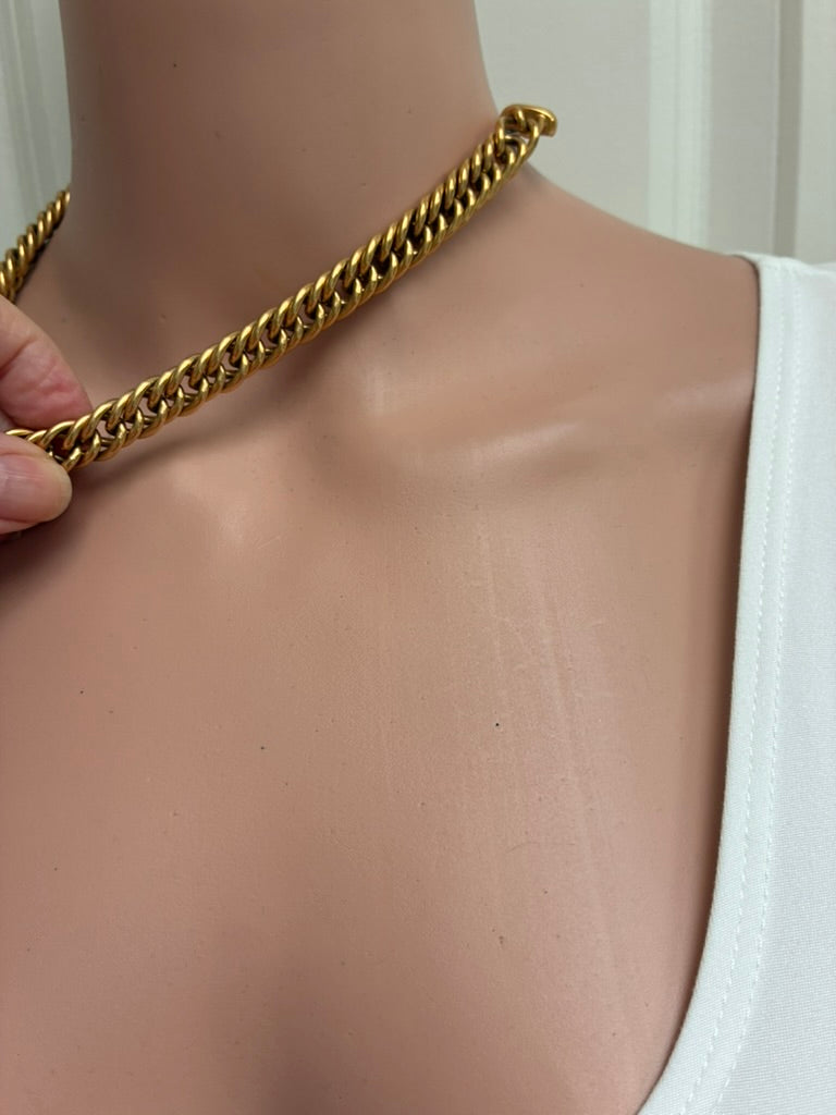 Vintage Chunky Gold Rope Chain Necklace with Black Enamel Bar Pendant