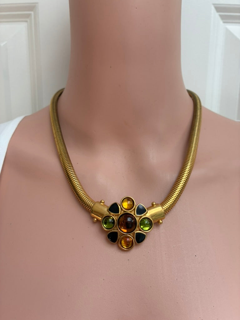 Yves Saint Laurent Vintage Gold Snake Chain Necklace with Multicolor Cabochon Pendant