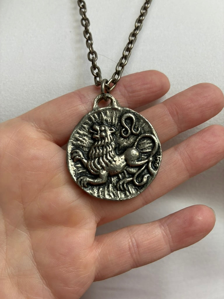Vintage French Leo Zodiac Coin Pendant Necklace — Antiqued Silver