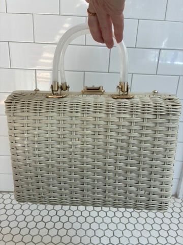 Vintage 1950s-60s Wicker Box Bag | Hand-Painted Pastoral Scene | Lucite Handles | Virgin Islands Label