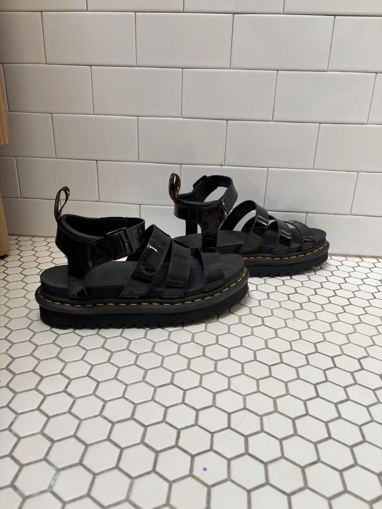 Dr. Martens Blaire Platform Sandals — Black Patent Leather, Size 9