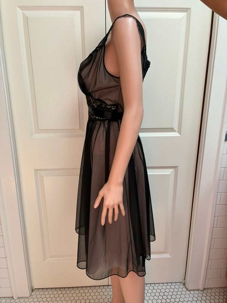 Vintage Black Sheer Chiffon Lace Negligee Dress | Satin Bow | Size 8 | 25" Waist
