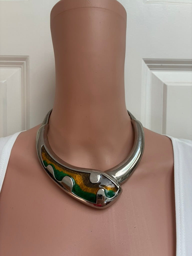 Vintage Silver-Tone Collar Necklace with Green & Gold Swirl Enamel Panel