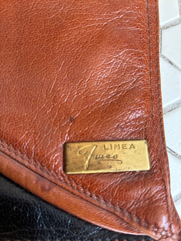 Vintage Linea Piero Italian Genuine Leather Two-Tone Envelope Clutch | Cognac & Black | Brass Lock