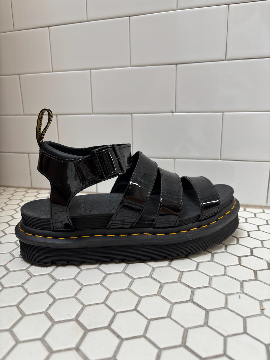 Dr. Martens Blaire Platform Sandals — Black Patent Leather, Size 9