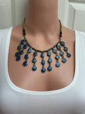 Vintage Tribal Lapis Lazuli Cascade Bib Necklace with Brass Rondelle Chain