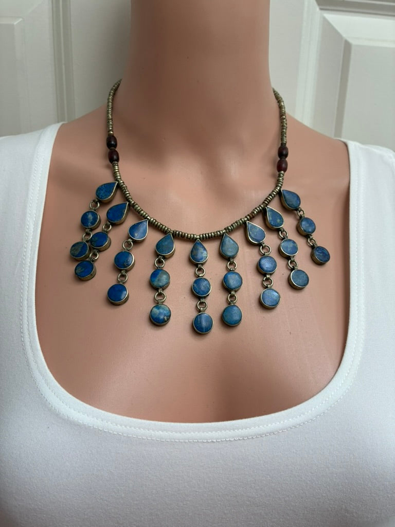 Vintage Tribal Lapis Lazuli Cascade Bib Necklace with Brass Rondelle Chain