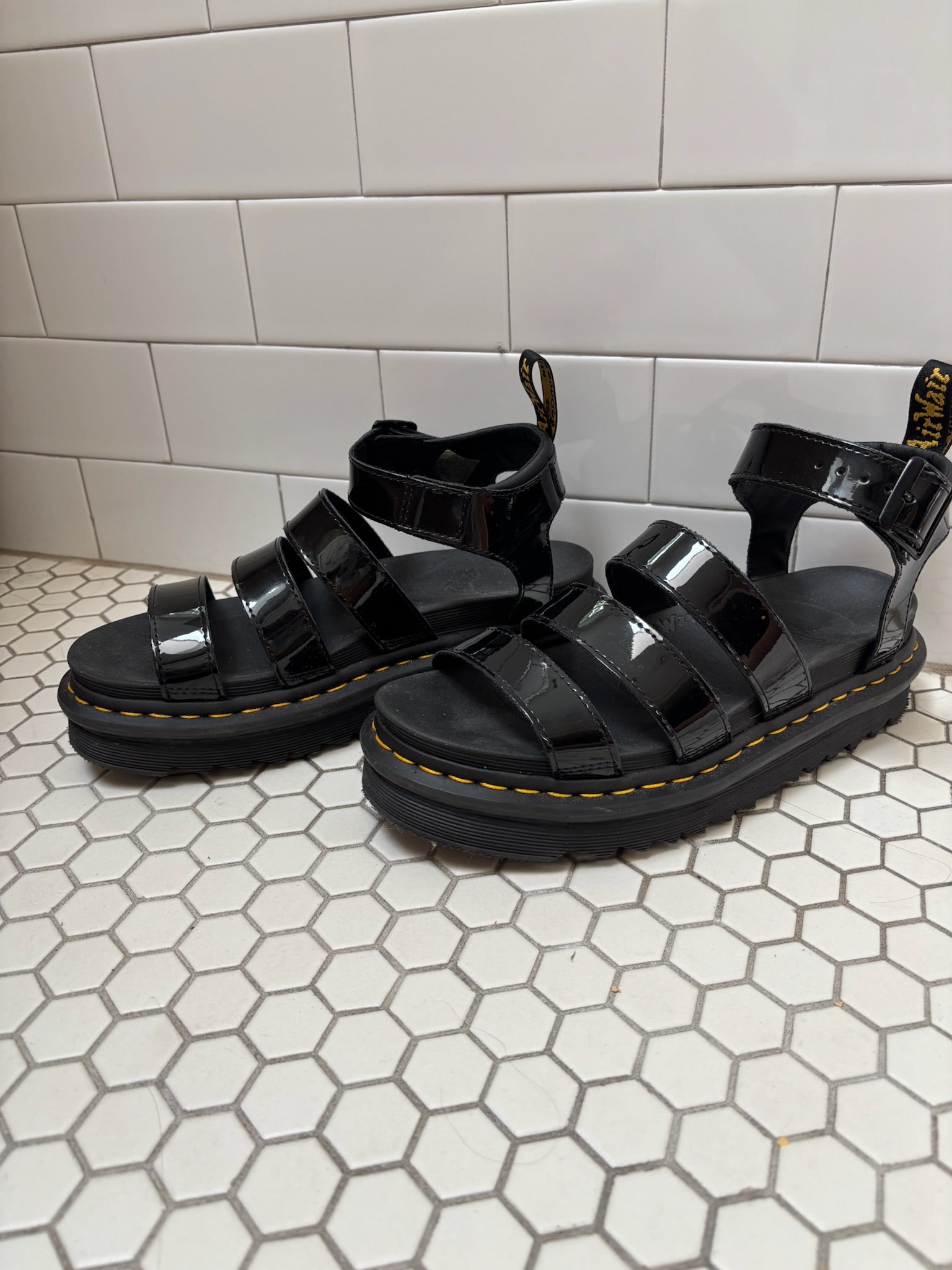 Dr. Martens Blaire Platform Sandals — Black Patent Leather, Size 9