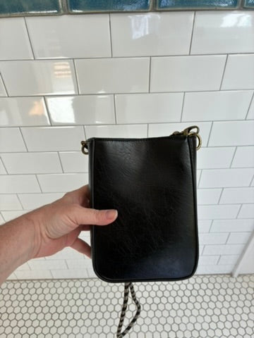 Checkerboard Woven Leather Mini Crossbody Phone Bag | Black & White | Braided Rope Strap | Zip Top