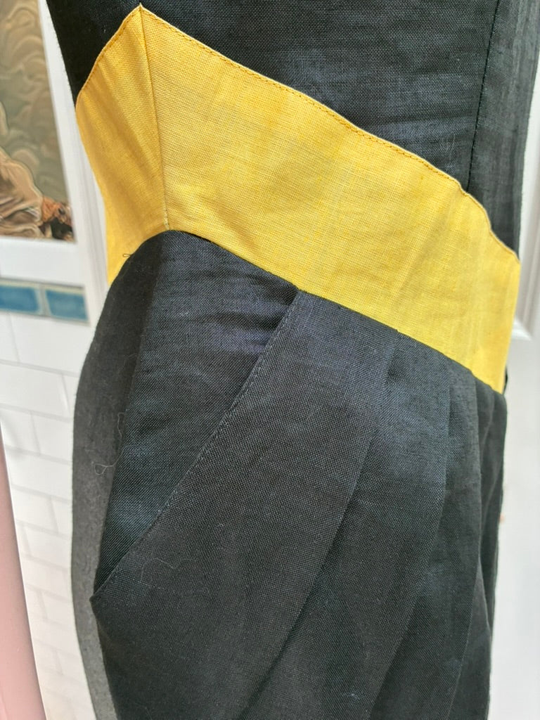 Wonderland Vintage 1980s Black Linen Dress with Yellow Chevron Waist