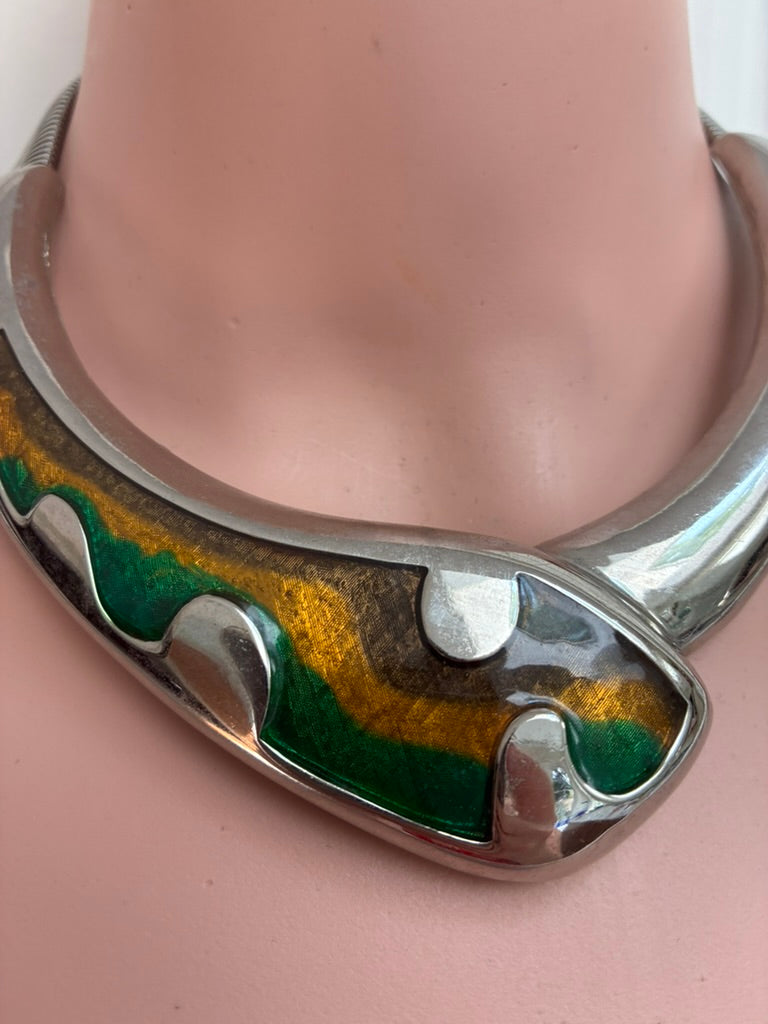 Vintage Silver-Tone Collar Necklace with Green & Gold Swirl Enamel Panel