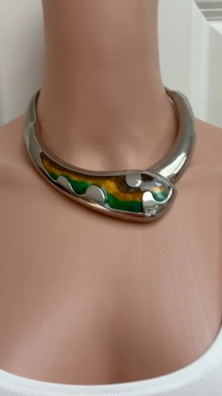 Vintage Silver-Tone Collar Necklace with Green & Gold Swirl Enamel Panel