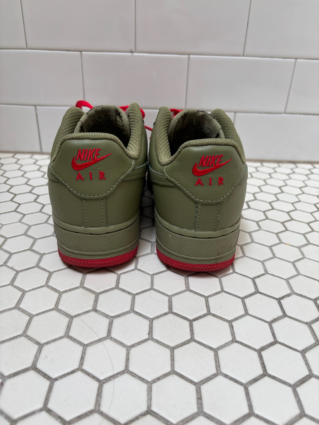 Custom Red Bottom Nike Air Force 1 Low — Olive Green & Red, Size 8.5