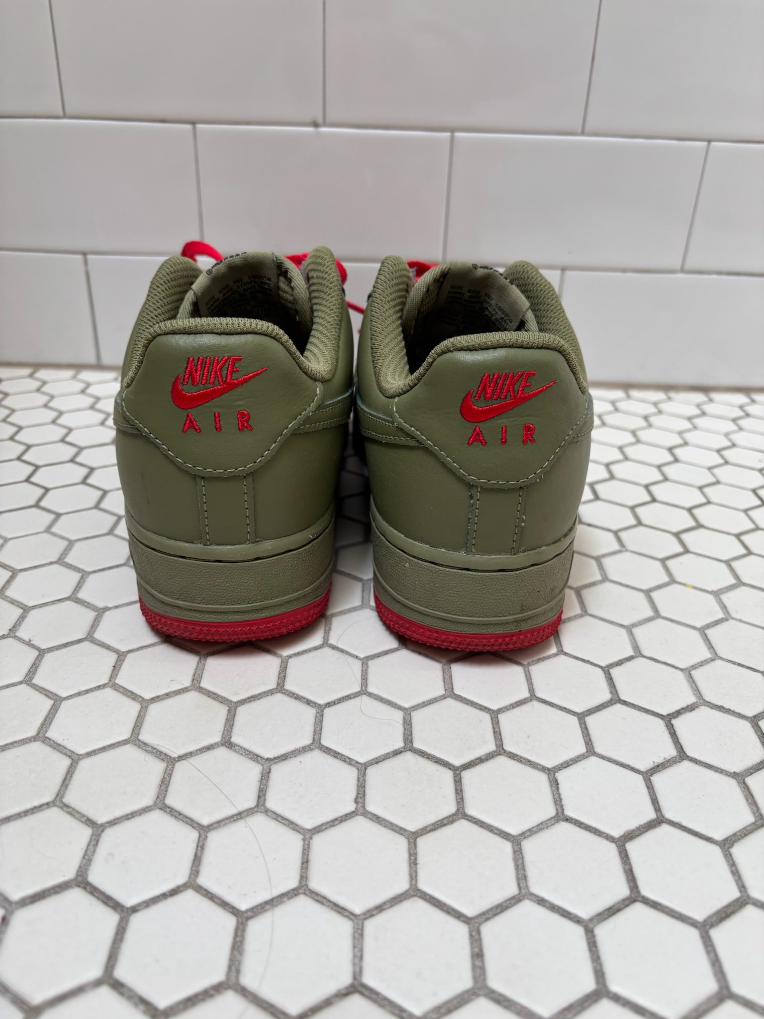 Custom Red Bottom Nike Air Force 1 Low — Olive Green & Red, Size 8.5