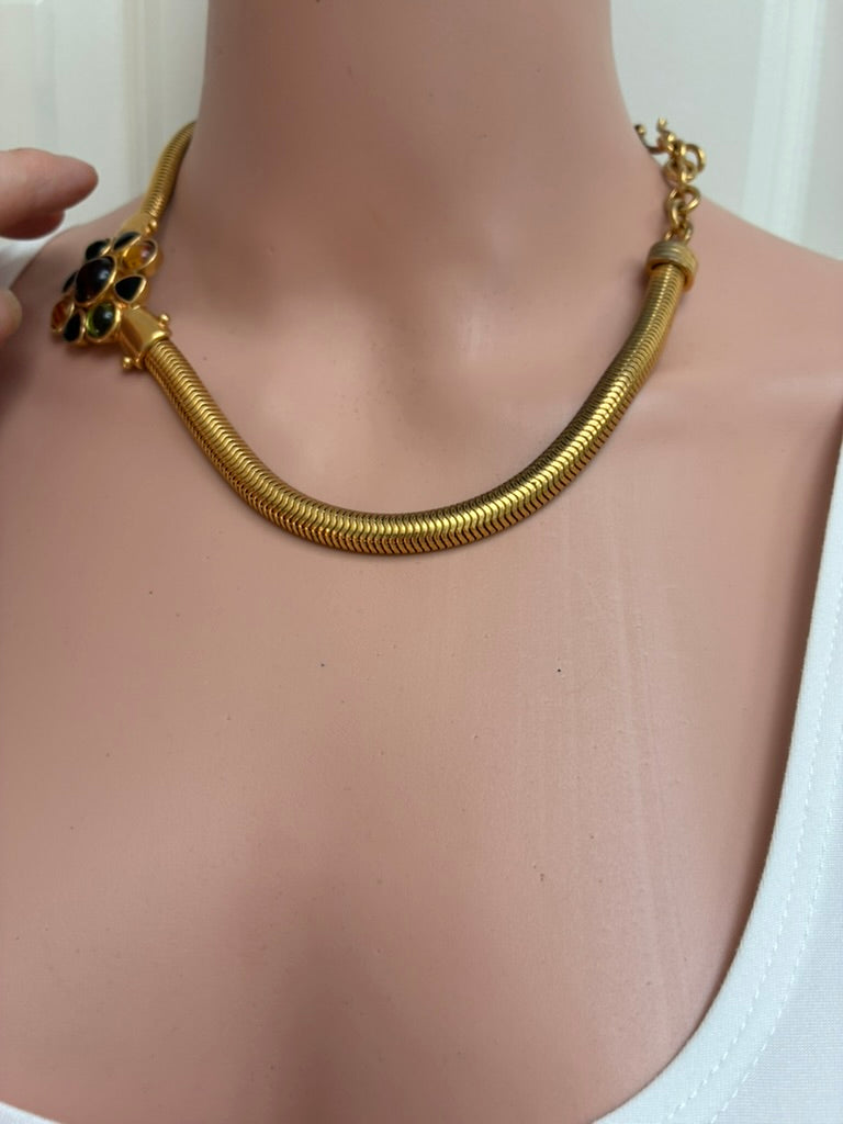 Yves Saint Laurent Vintage Gold Snake Chain Necklace with Multicolor Cabochon Pendant