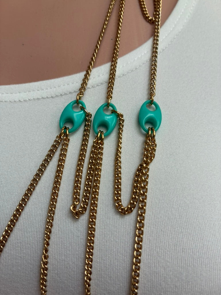 Vintage Multi-Strand Draped Chain Necklace — Turquoise Enamel Mariner Links
