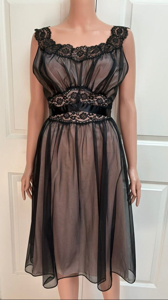 Vintage Black Sheer Chiffon Lace Negligee Dress | Satin Bow | Size 8 | 25" Waist