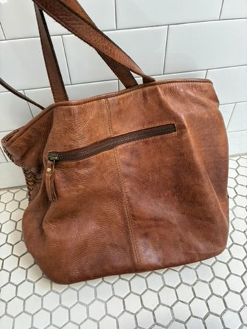 Vintage Hand-Woven Cognac Leather Tote Bag | Herringbone Weave | Gold Turn-Lock | Front Zip Pocket