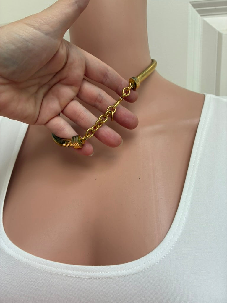 Yves Saint Laurent Vintage Gold Snake Chain Necklace with Multicolor Cabochon Pendant