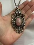 Vintage Crown Medallion Pendant Necklace — Pink Cabochon Stone