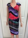 Vespar Multi-Pattern Bodycon Midi Dress | Purple, Red & Teal Chevron | Cap Sleeve | Size L