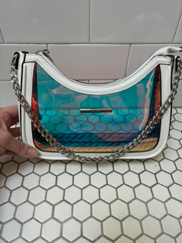 Aldo Iridescent Holographic Clear Shoulder Bag | Silver Chain Strap | White Trim