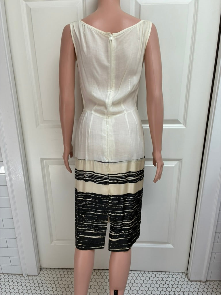 Vintage 1960s Abstract Brushstroke Two-Piece Set | Tunic & Pencil Skirt | Black & Cream | Size 4