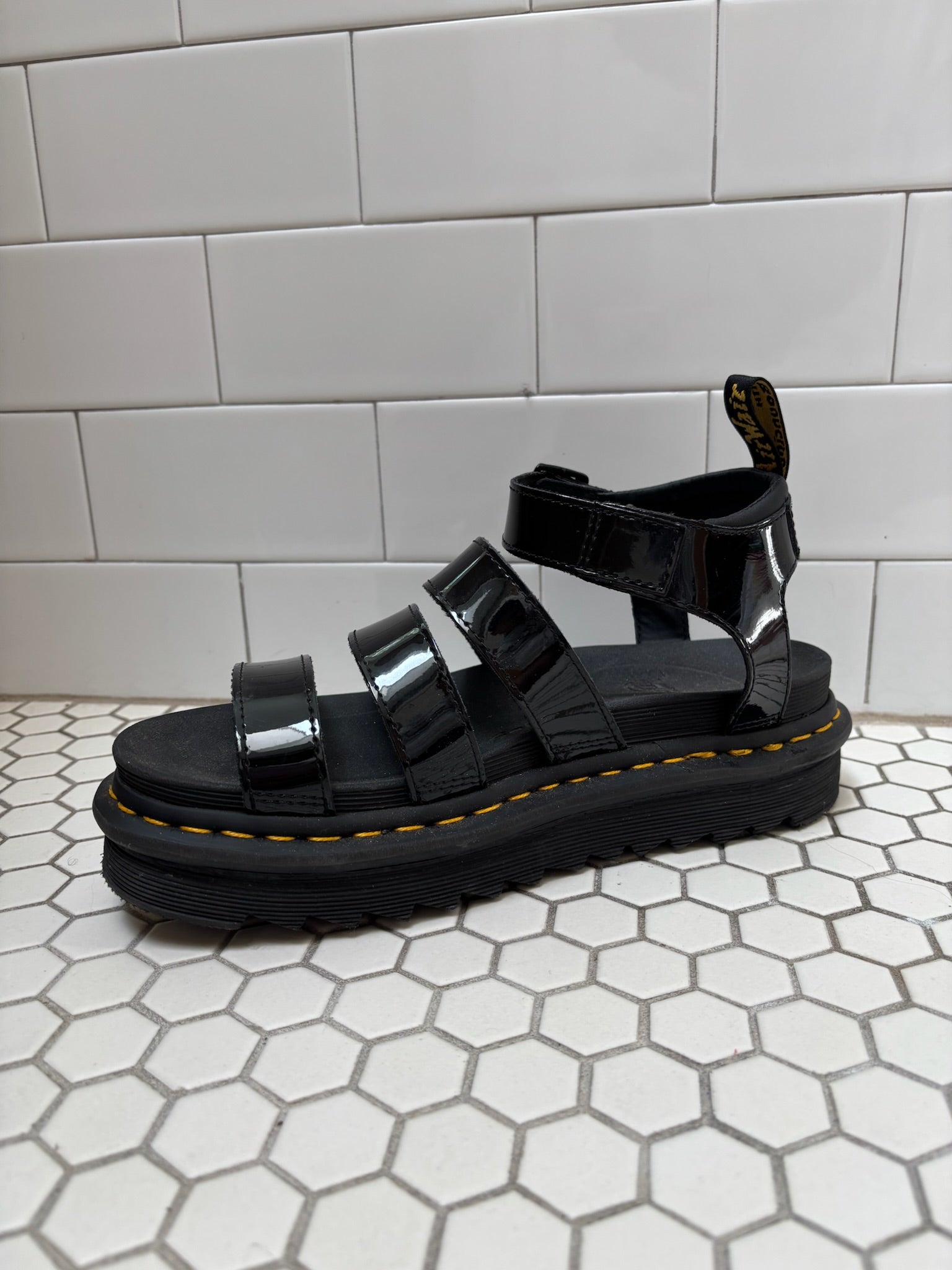 Dr. Martens Blaire Platform Sandals — Black Patent Leather, Size 9