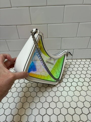 Aldo Iridescent Holographic Clear Shoulder Bag | Silver Chain Strap | White Trim