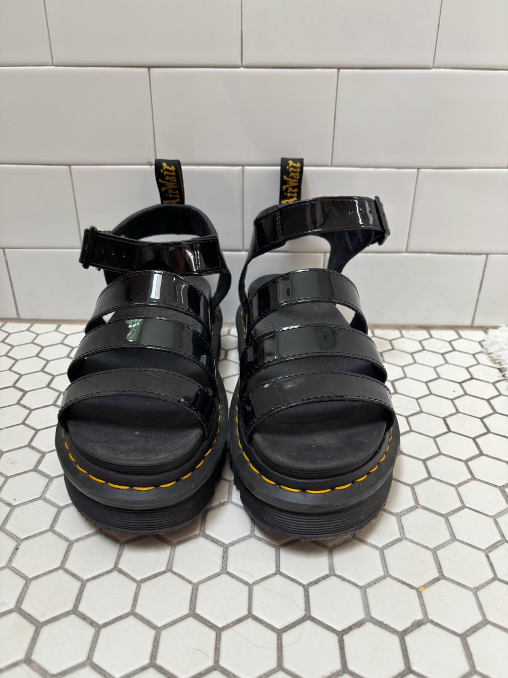 Dr. Martens Blaire Platform Sandals — Black Patent Leather, Size 9