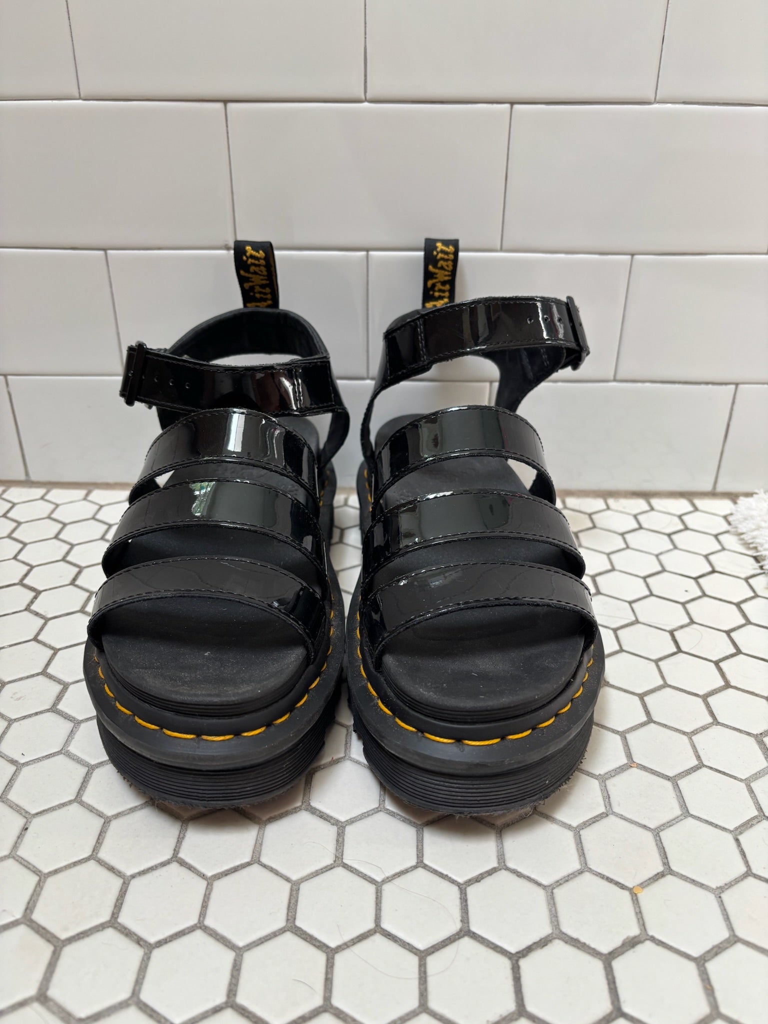 Dr. Martens Blaire Platform Sandals — Black Patent Leather, Size 9