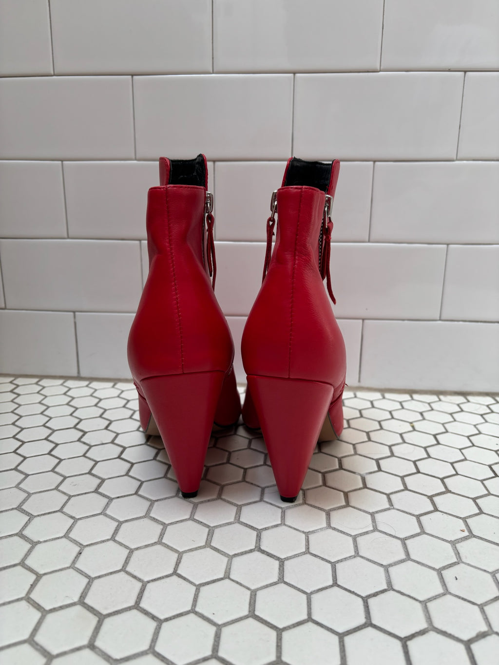 Kenneth Cole Red Leather Ankle Booties — Cone Heel, Size 8.5