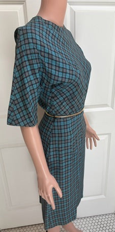 Vintage Teal Plaid Belted Sheath Dress