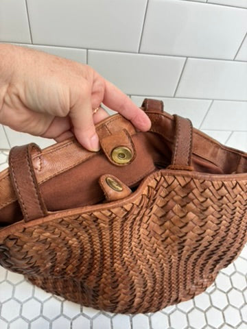 Vintage Hand-Woven Cognac Leather Tote Bag | Herringbone Weave | Gold Turn-Lock | Front Zip Pocket