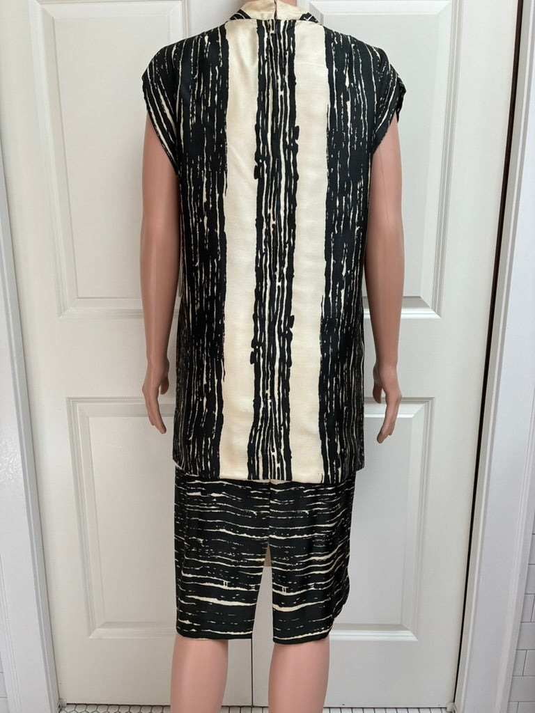 Vintage 1960s Abstract Brushstroke Two-Piece Set | Tunic & Pencil Skirt | Black & Cream | Size 4