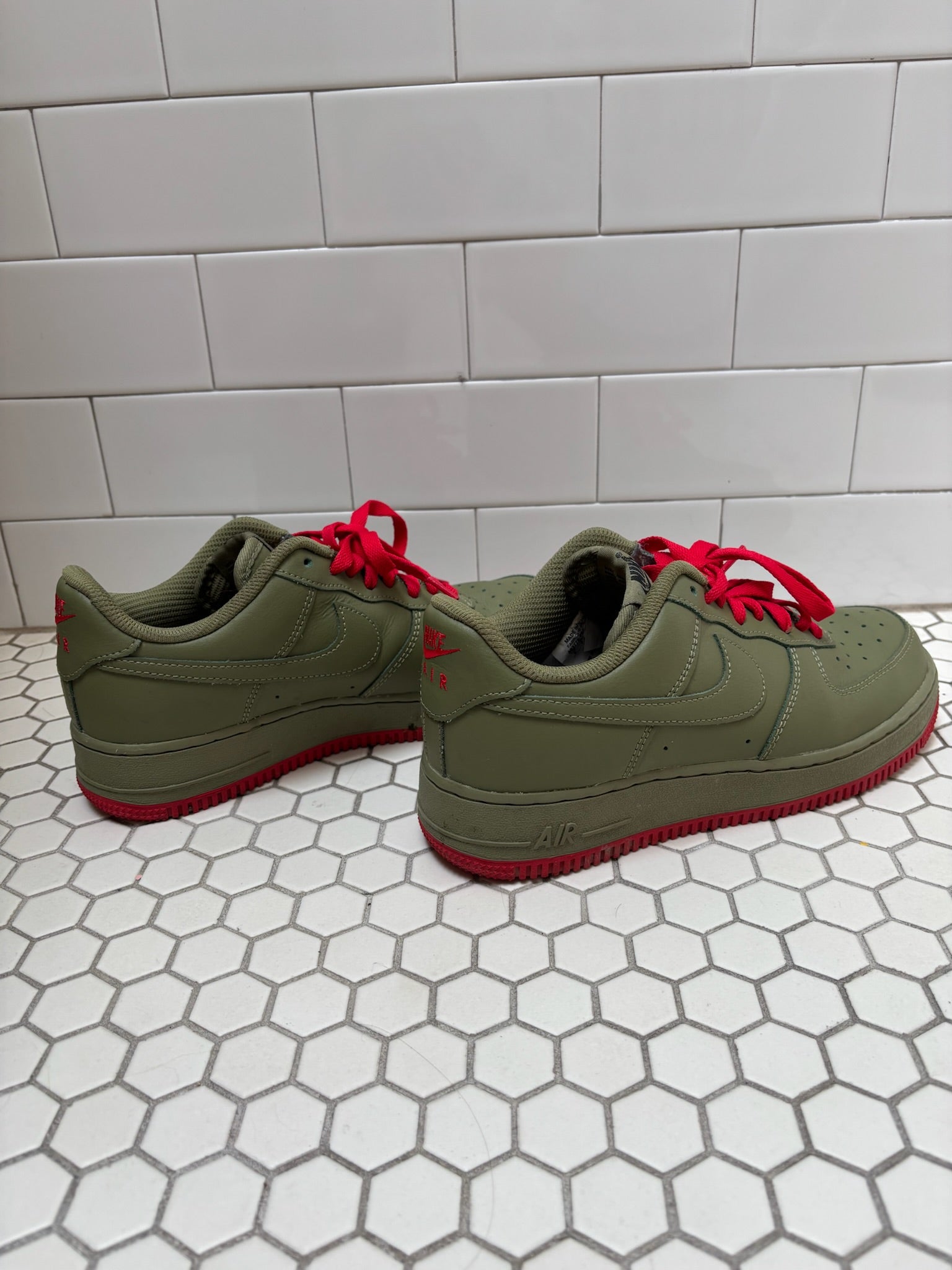 Custom Red Bottom Nike Air Force 1 Low — Olive Green & Red, Size 8.5