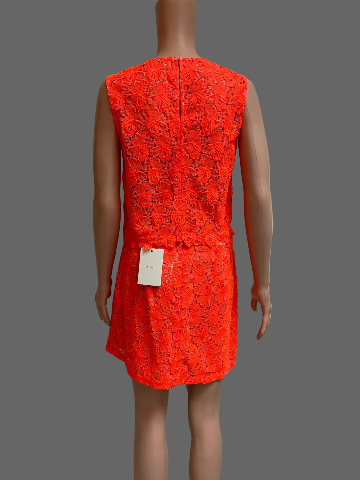 A.L.C. Neon Orange Lace Two-Piece Set | Lined Sleeveless Blouse & Mini Skirt | Size 8 / Medium