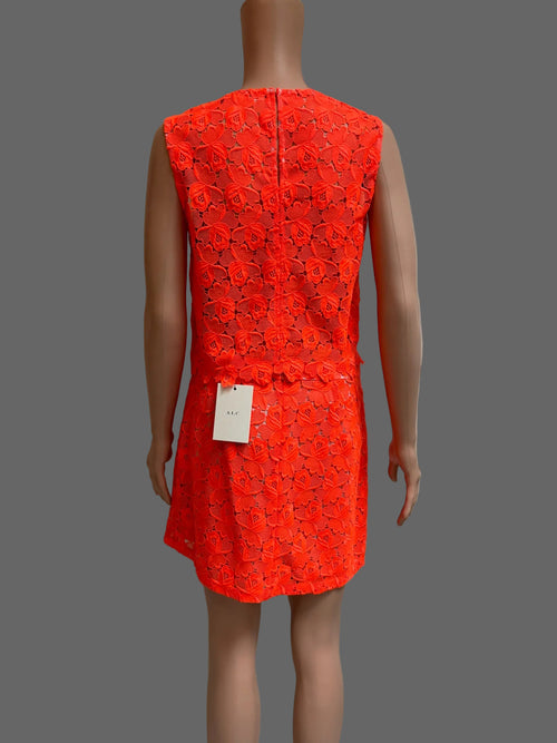 A.L.C. Neon Orange Lace Two-Piece Set | Lined Sleeveless Blouse & Mini Skirt | Size 8 / Medium