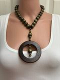 Vintage Olive Green Graduated Bead Necklace with Oversized Dark Wood Ring Pendant
