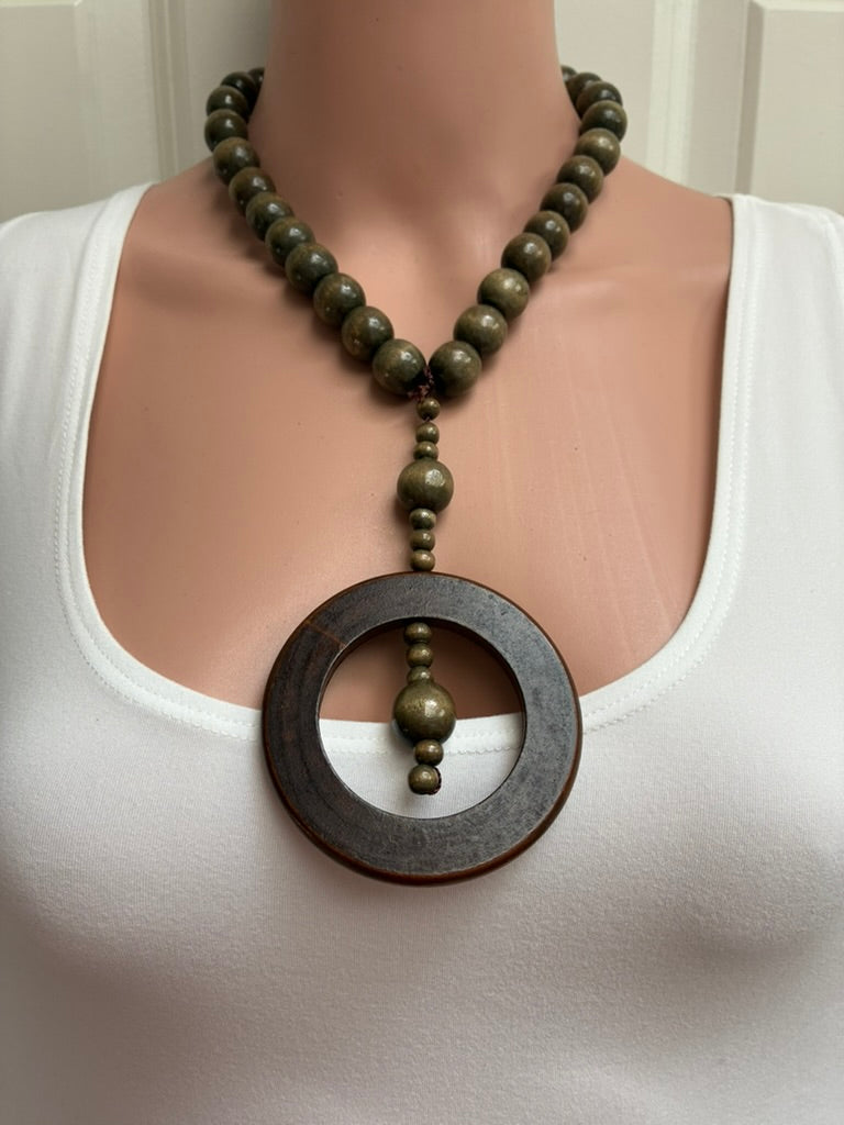 Vintage Olive Green Graduated Bead Necklace with Oversized Dark Wood Ring Pendant