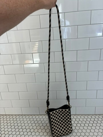Checkerboard Woven Leather Mini Crossbody Phone Bag | Black & White | Braided Rope Strap | Zip Top