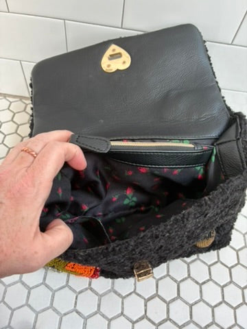 Betsey Johnson Black Boucle Beaded Patch Handbag | Robot, Rocket, Flame & Lightning | Cherry Interior