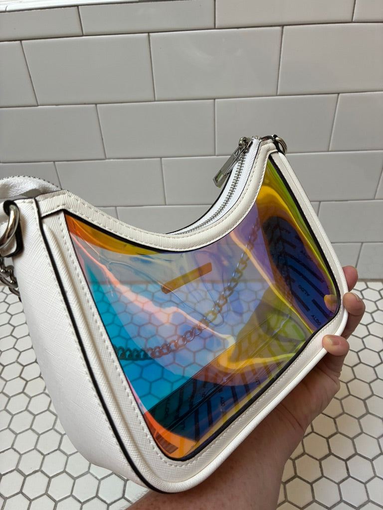 Aldo Iridescent Holographic Clear Shoulder Bag | Silver Chain Strap | White Trim
