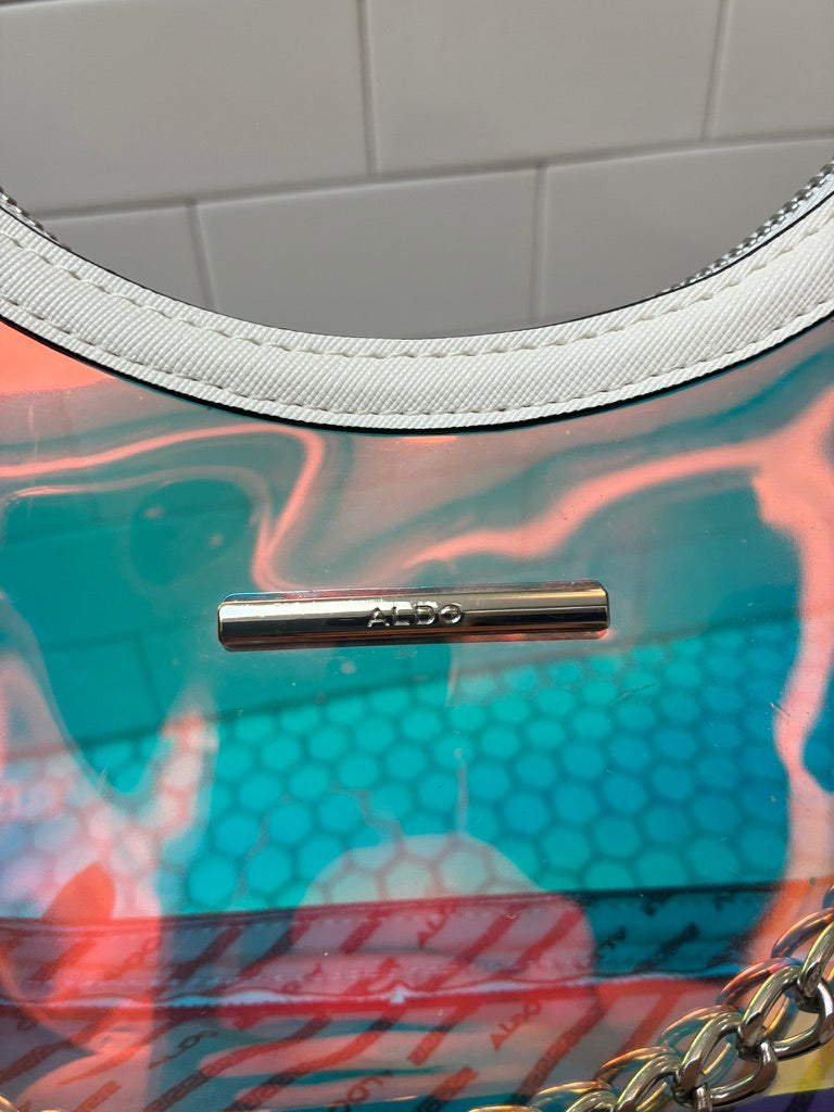 Aldo Iridescent Holographic Clear Shoulder Bag | Silver Chain Strap | White Trim