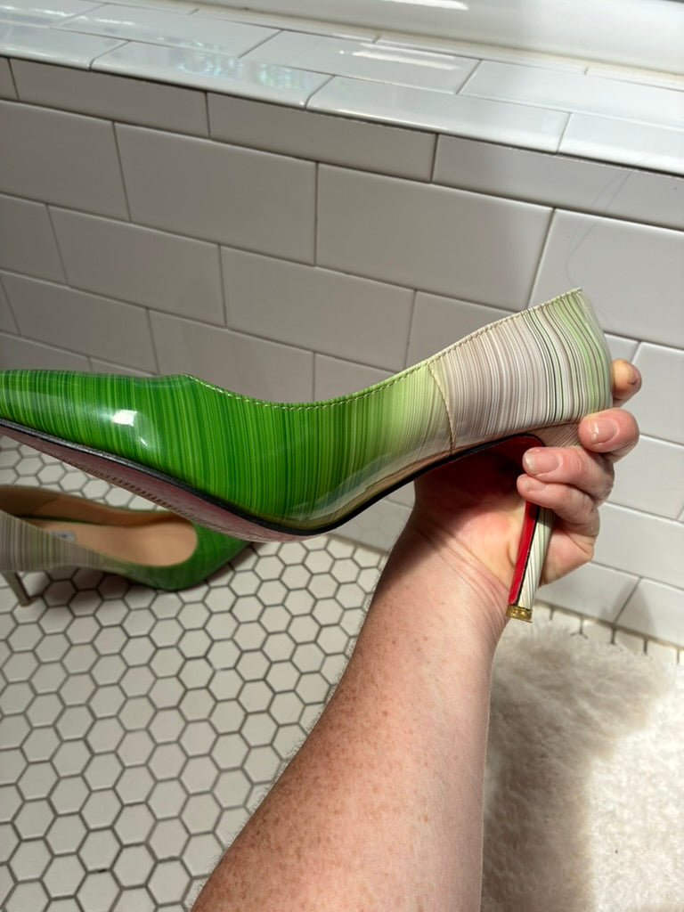 Green to Gold Ombré Stiletto Pumps | Red Sole | Pointed Toe | Size 8.5