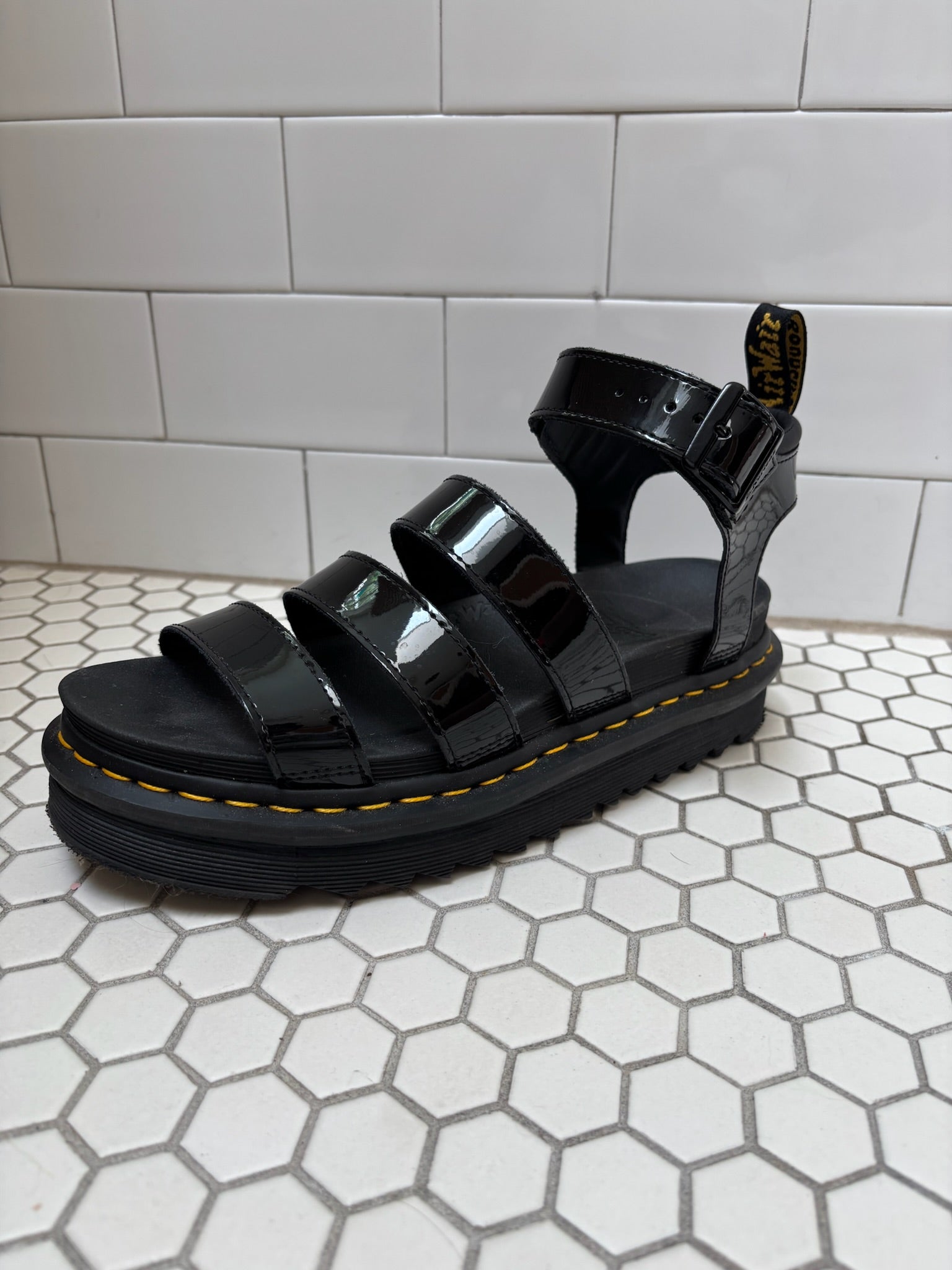 Dr. Martens Blaire Platform Sandals — Black Patent Leather, Size 9