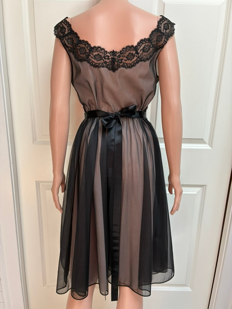 Vintage Black Sheer Chiffon Lace Negligee Dress | Satin Bow | Size 8 | 25" Waist